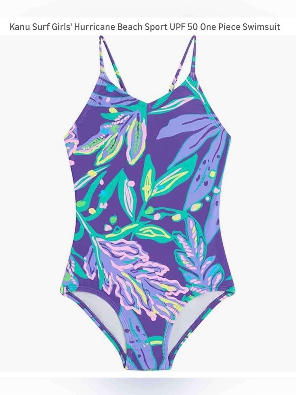 Kanu Surf Girls' One-Piece Swimsuit - Purple with Teal & Light Pink Leaf Print